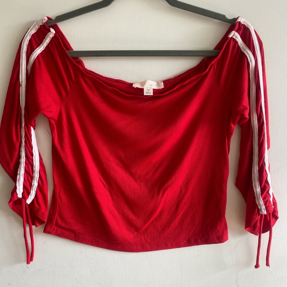 Red Off-Shoulder crop Top long adjustable sleeves rayon blend sz M